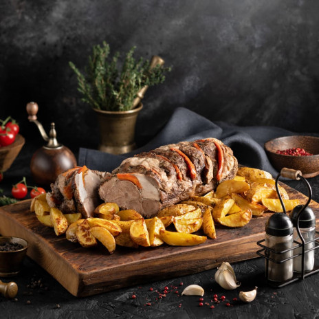 Запеченная свинина с куриным филе и морковью