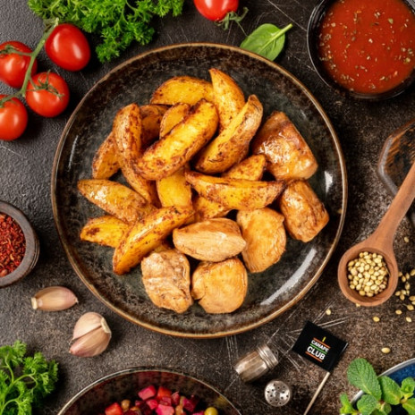 Куриный шашлык с картофельными дольками и соусом Пилатти